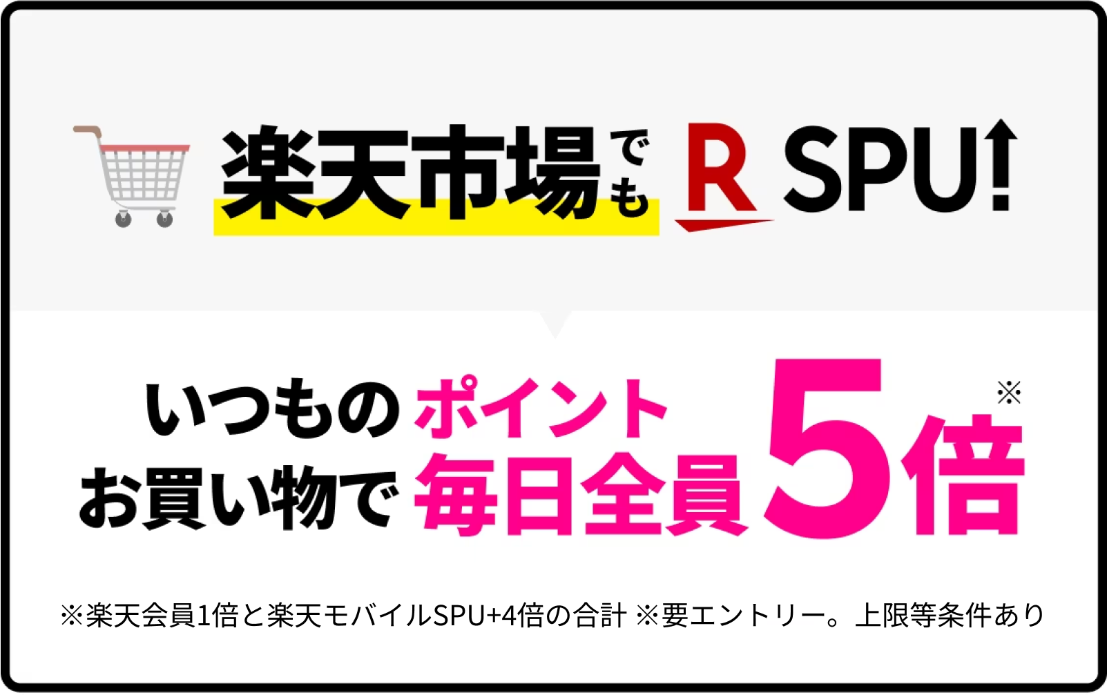 いつものお買い物でポイント毎日全員5倍 ※楽天会員1倍と楽天モバイルSPU+4倍の合計 ※要エントリー。上限等条件あり