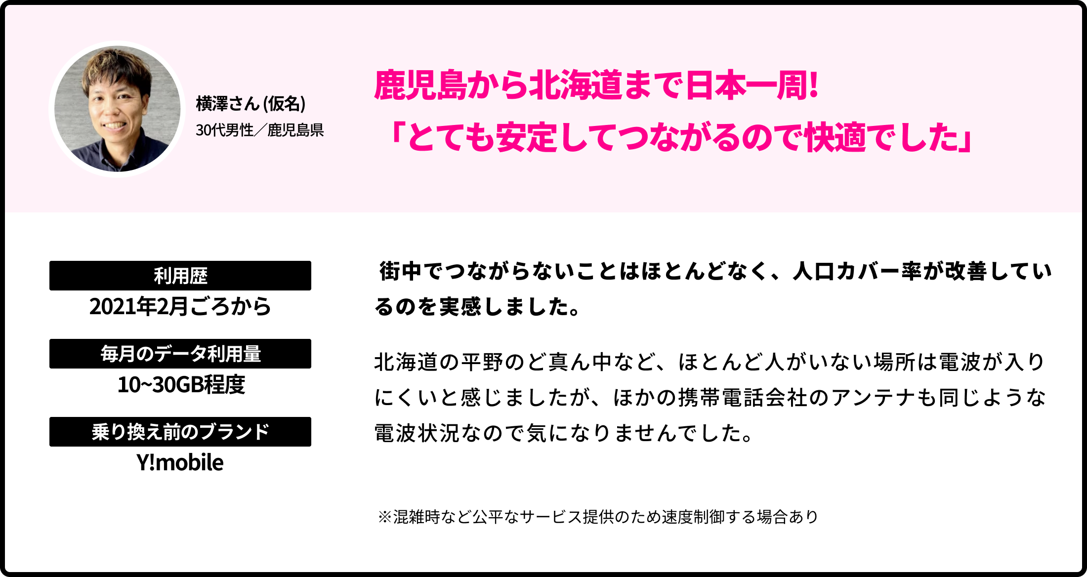 横澤さん (仮名)30代男性／鹿児島県 鹿児島から北海道まで日本一周! 「とても安定してつながるので快適でした」 利用歴 2021年2月ごろから 毎月のデータ利用量 10~40GB 程度  乗り換え前のブランド Y!mobile  街中でつながらないことはほとんどなく、人口カバー率が改善しているのを実感しました。北海道の平野のど真ん中など、ほとんど人がいない場所は電波が入りにくいと感じましたが、ほかの携帯電話会社のアンテナも同じような電波状況なので気になりませんでした。 ※混雑時など公平なサービス提供のため速度制御する場合あり