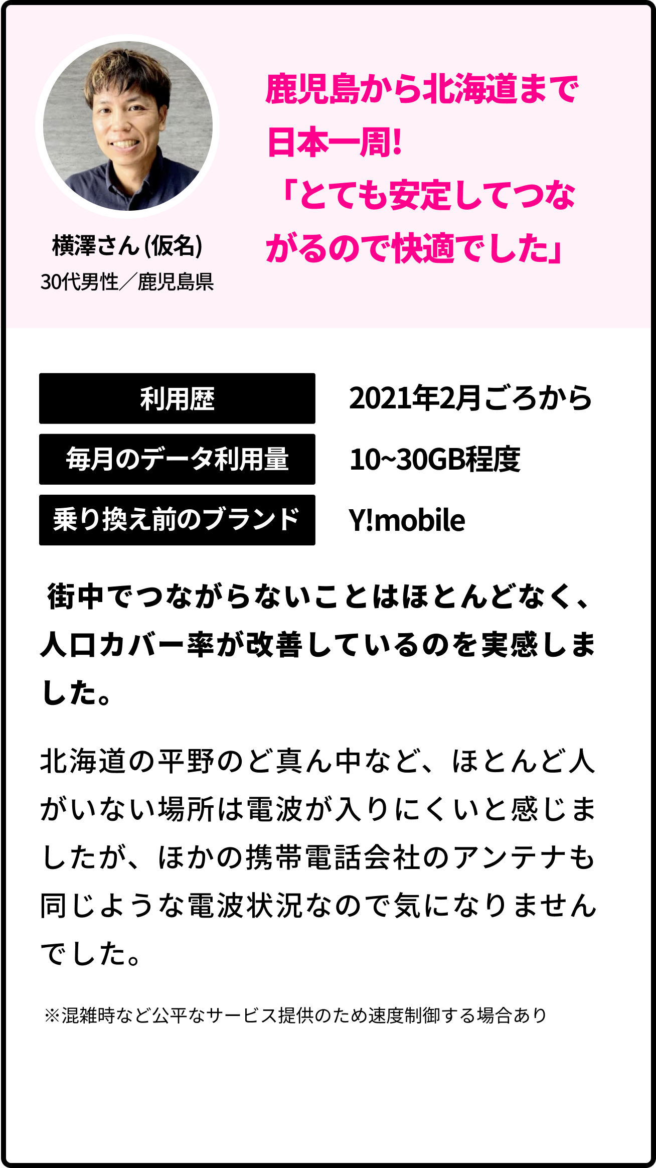 横澤さん (仮名)30代男性／鹿児島県 鹿児島から北海道まで日本一周! 「とても安定してつながるので快適でした」 利用歴 2021年2月ごろから 毎月のデータ利用量 10~30GB程度 乗り換え前のブランド Y!mobile  街中でつながらないことはほとんどなく、人口カバー率が改善しているのを実感しました。北海道の平野のど真ん中など、ほとんど人がいない場所は電波が入りにくいと感じましたが、ほかの携帯電話会社のアンテナも同じような電波状況なので気になりませんでした。 ※混雑時など公平なサービス提供のため速度制御する場合あり