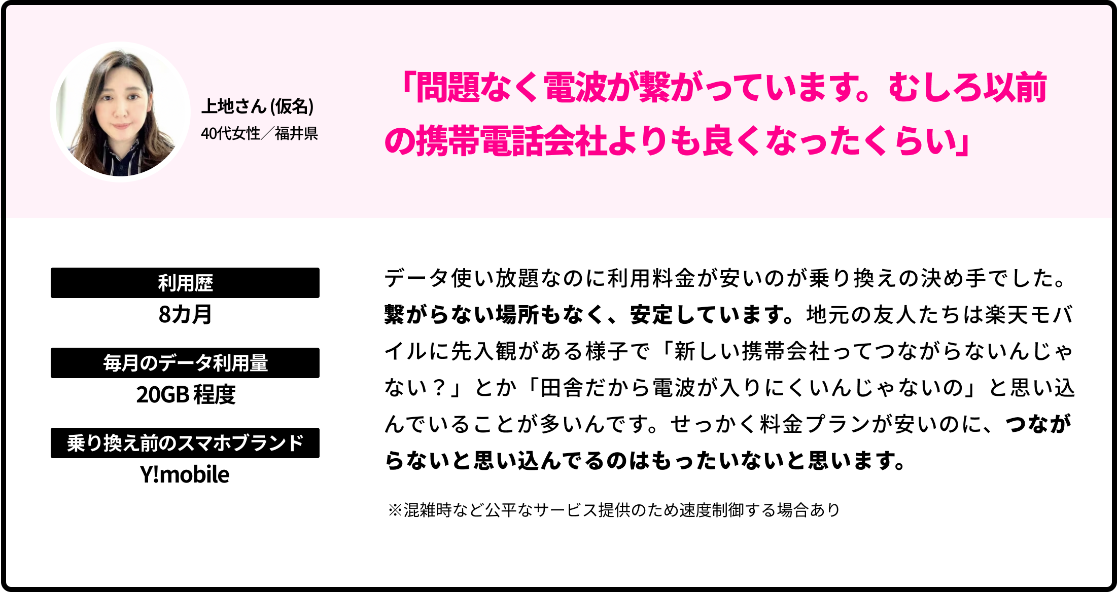 上地さん (仮名)40代女性／福井県 「問題なく電波が繋がっています。むしろ以前の携帯電話会社よりも良くなったくらい」 利用歴 8カ月 毎月のデータ利用量 20GB程度  乗り換え前のブランド Y!mobile データ使い放題なのに利用料金が安いのが乗り換えの決め手でした。繋がらない場所もなく、安定しています。地元の友人たちは楽天モバイルに先入観がある様子で「新しい携帯会社ってつながらないんじゃない？」とか「田舎だから電波が入りにくいんじゃないの」と思い込んでいることが多いんです。せっかく料金プランが安いのに、つながらないと思い込んでるのはもったいないと思います。 ※混雑時など公平なサービス提供のため速度制御する場合あり