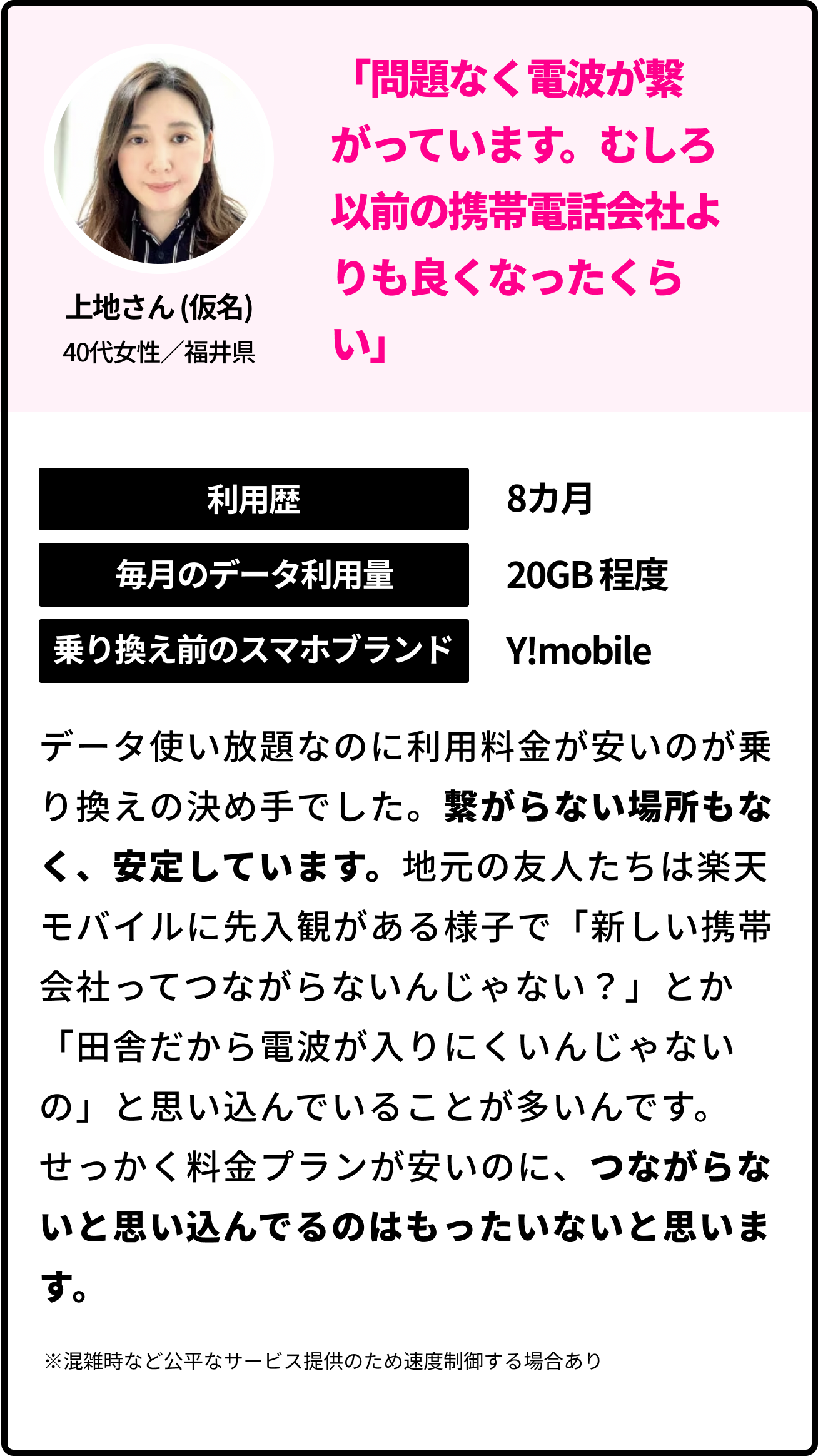 上地さん (仮名)40代女性／福井県 「問題なく電波が繋がっています。むしろ以前の携帯電話会社よりも良くなったくらい」 利用歴 8カ月 毎月のデータ利用量 20GB程度  乗り換え前のブランド Y!mobile データ使い放題なのに利用料金が安いのが乗り換えの決め手でした。繋がらない場所もなく、安定しています。地元の友人たちは楽天モバイルに先入観がある様子で「新しい携帯会社ってつながらないんじゃない？」とか「田舎だから電波が入りにくいんじゃないの」と思い込んでいることが多いんです。せっかく料金プランが安いのに、つながらないと思い込んでるのはもったいないと思います。 ※混雑時など公平なサービス提供のため速度制御する場合あり