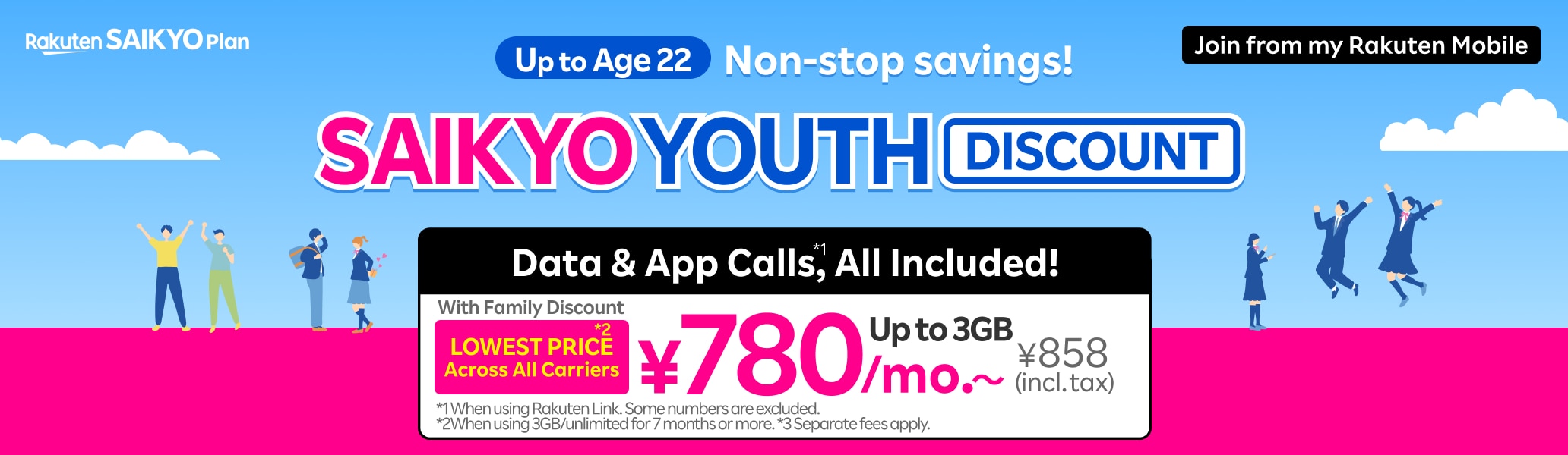SAIKYO YOUTH Discount: Up to Age 22! ¥780 (¥858 incl. tax) for 3GB with family discount.
