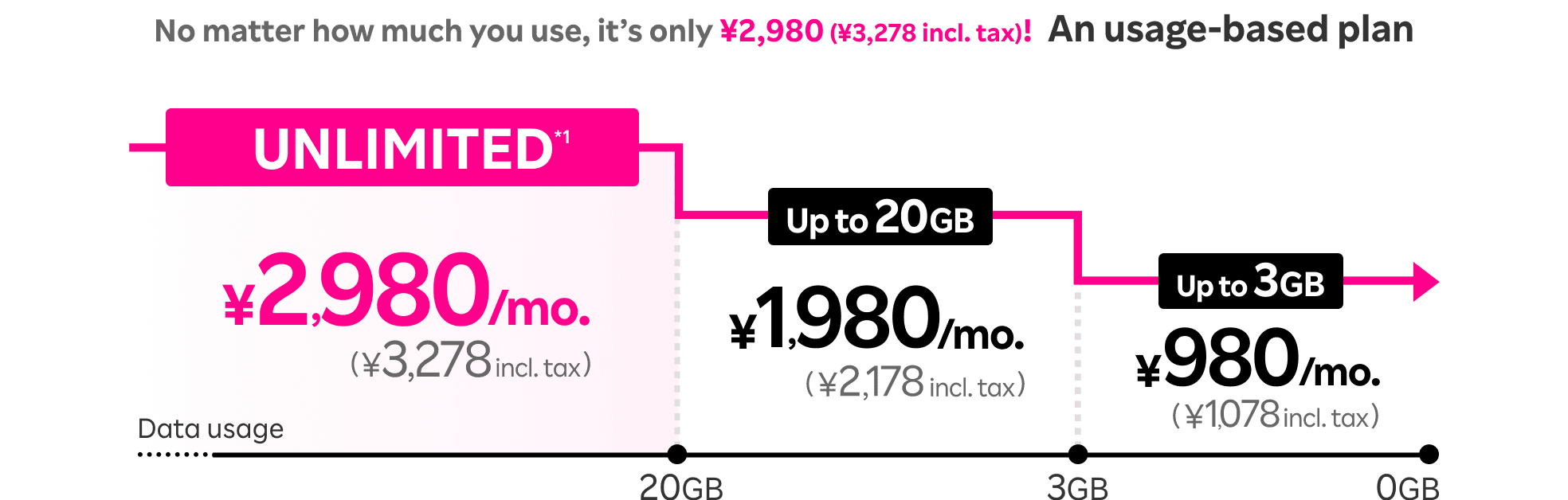 Up to 3GB of data for 980 yen (1,078 yen including tax), 1,980 yen (2,178 yen including tax) for data exceeding 3GB up to 20GB, and unlimited data for 2,980 yen (3,278 yen including tax) after exceeding 20GB. Plus, with the family discount, you get 110 yen off (including tax) every month!