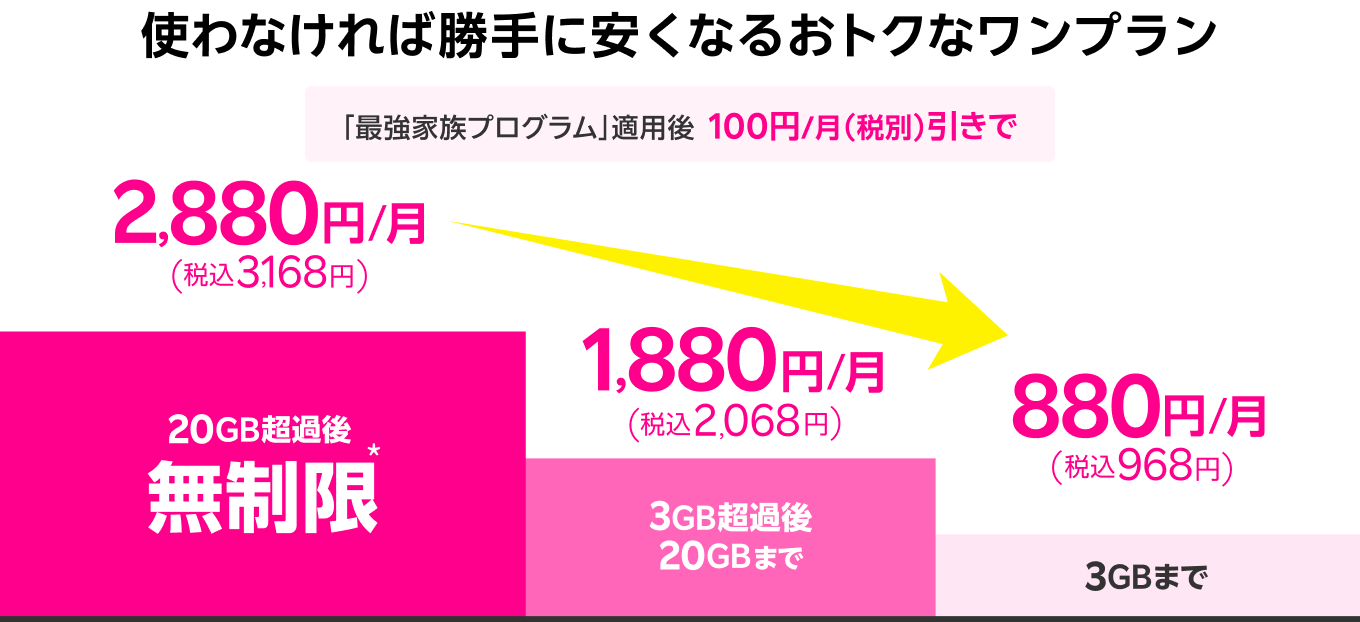 使わなければ勝手に安くなるおトクなワンプラン。「最強家族プログラム」適用後100円/月（税別）引きで、20GB超過後無制限※2,880円/月（税込3,168円）、3GB超過後20GBまで1,880円/月（税込2,068円）、3GBまで880円/月（税込968円）