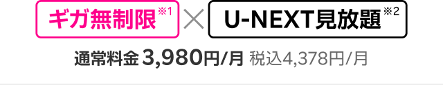 ギガ無制限※1 × U-NEXT見放題※2 通常料金3,980円/月 税込4,378円/月