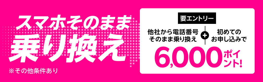 【要エントリー】スマホそのまま乗り換え！他社から電話番号そのまま乗り換え＆初めてお申し込みで6,000ポイントプレゼント！