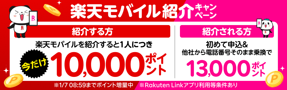 楽天モバイル紹介キャンペーン！紹介1人につき10,000ポイント、紹介される方も最大13,000ポイントプレゼント！紹介する方には1/7（火）08:59までポイント増量中！