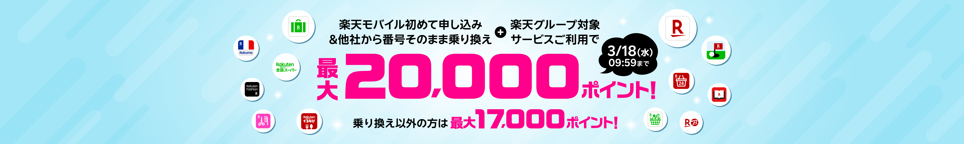 楽天モバイル初めて申し込み＆対象サービスご利用で最大20,000ポイント進呈