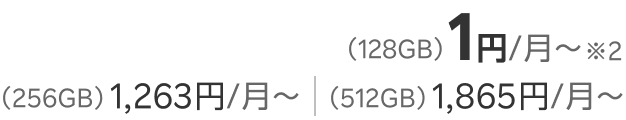 (128GB)1円/月〜 (256GB)1,263円/月〜 (512GB)1,865円/月〜