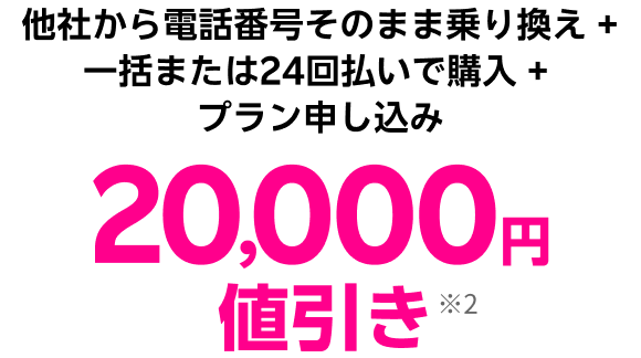 他社から電話番号そのまま乗り換え + 一括または24回払いで購入 + プラン申し込み 20,000円値引き※2