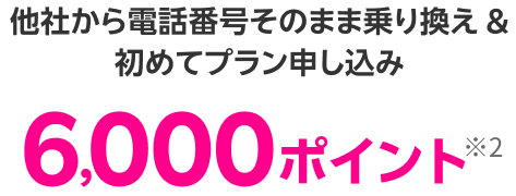 他社から電話番号そのまま乗り換え&初めてプラン申し込み 6,000ポイント※2