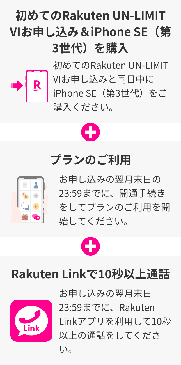 初めてのRakuten UN-LIMIT VIお申し込み＆iPhone SE（第3世代）を購入 初めてのRakuten UN-LIMIT VIお申し込みと同日中にiPhone SE（第3世代）をご購入ください。プランのご利用 お申し込みの翌月末日の23:59までに、開通手続きをしてプランのご利用を開始してください。 Rakuten Linkで10秒以上通話 お申し込みの翌月末日23:59までに、Rakuten Linkアプリを利用して10秒以上の通話をしてください。