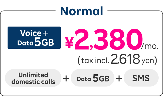 Normal Voice+Data 5GB 2,380¥/mo.(tax incl.2,618¥)