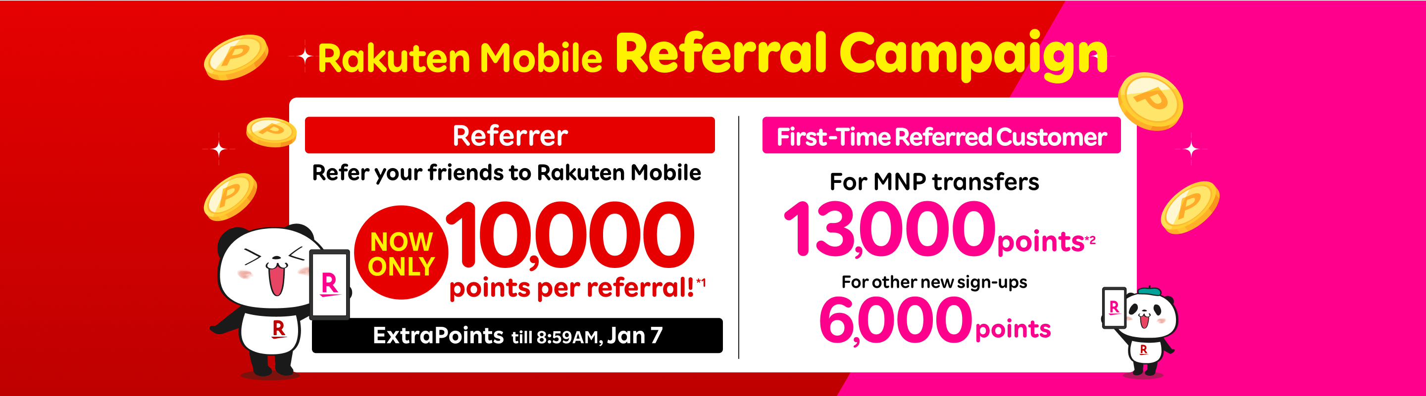 Refer your family and friends to Rakuten Mobile and get 10,000 points per person. The referred friends will also receive 13,000 points for MNP transfers, or 6,000 points for other new sign-ups. *If the referred person applies after 9:00 AM on Tuesday, January 7, 2025, the referrer's reward will change from 10,000 points to 7,000 points.