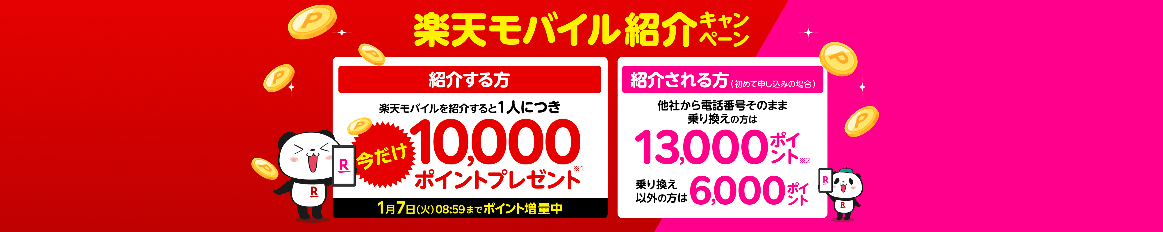 楽天モバイル紹介キャンペーン！紹介1人につき10,000ポイント、紹介される方も最大13,000ポイントプレゼント！紹介する方には1/7（火）08:59までポイント増量中！