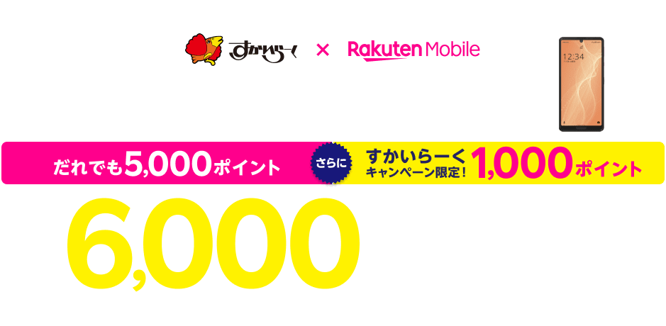 すかいらーく×Rakuten Mobile このページからエントリー後、Rakuten UN-LIMIT VI（SIM）お申し込み（Web限定）でだれでも5,000ポイント さらに すかいらーくキャンペーン限定！1,000ポイント 合計6,000円相当分ポイントプレゼント！ ※楽天モバイルをはじめてお申し込みいただいた場合 ※Rakuten Linkアプリのご利用が必要です