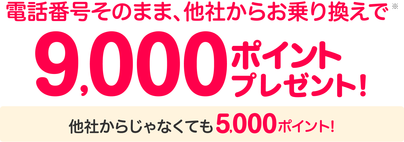 電話番号そのまま、他社からお乗り換えで※1 9,000ポイントプレゼント！ 他社から乗り換え以外の方5,000ポイント！※1「お申し込みはこちら」のボタンのみ対象　※Rakuten Link利用等条件あり