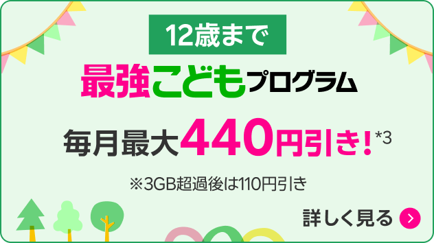 12歳まで 最強こどもプログラム 毎月最大440円引き！*3 ※3GB超過時の還元額は110円引き 詳しく見る