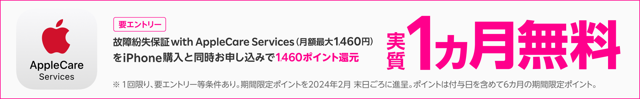 故障紛失保証 with AppleCare Services（月額最大1,460円）をiPhone購入と同時申し込みで1,460ポイント還元。実質1カ月無料。