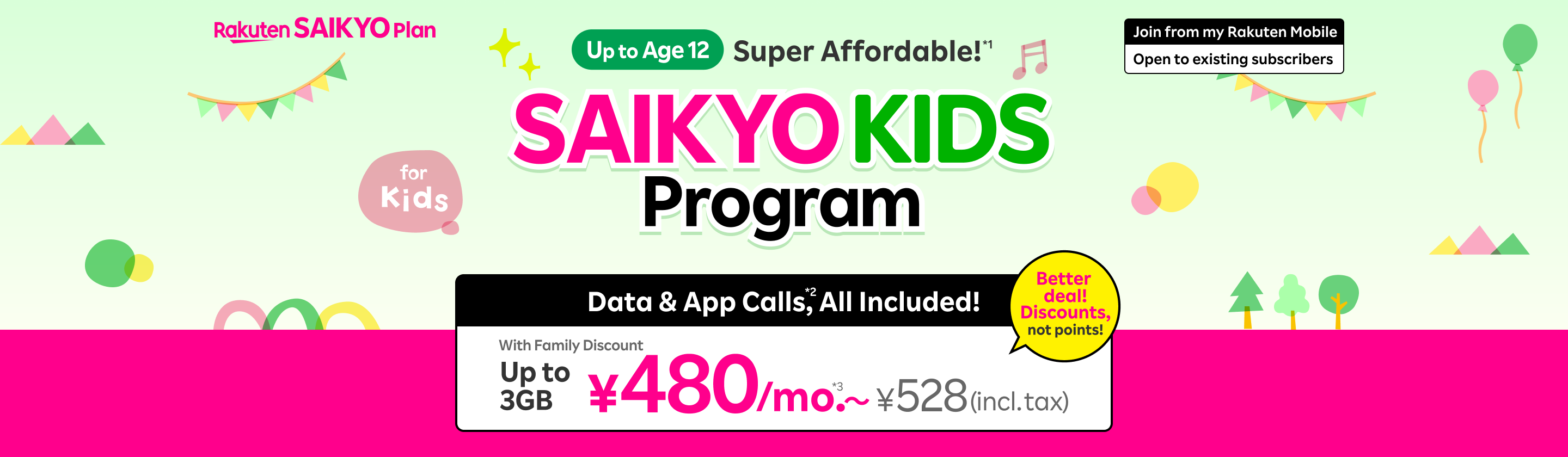 SAIKYO KIDS Program: Super affordable up to age 12! Data & App Calls, All Included!*2 ¥480/mo. for 3GB*3