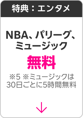 特典：エンタメ NBA、パリーグ、ミュージック無料 ※5 ※ミュージックは30日ごとに5時間無料