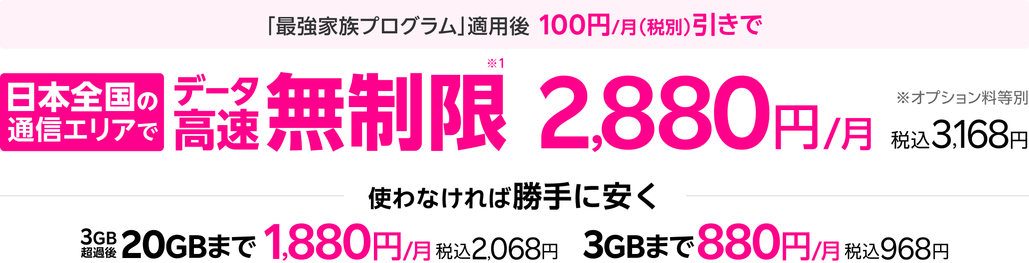 最強家族プログラム」適用後　100円/月（税別）引きで日本全国の通信エリアでデータ高速無制限 2,880円/月 税込3,168円