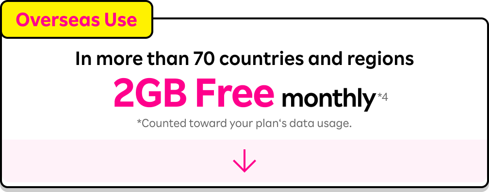 Overseas Use: 2GB Free monthly in more than 70 countries and regions *Counted toward your plan‘s data usage.