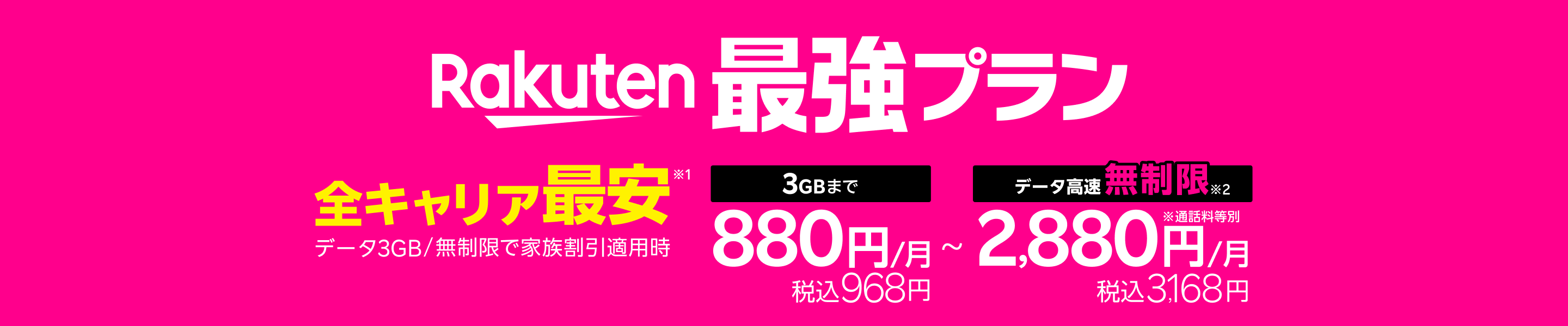 「Rakuten最強プラン」はデータ3GB/無制限で家族割引適用時、全キャリアで最安！※1 3GBまで880円/月（税込968円）、データ高速無制限※2 なら2,880円/月（税込3,168円）