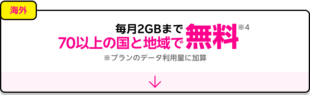 海外：毎月2GBまで海外で無料 ※プランのデータ利用量に加算