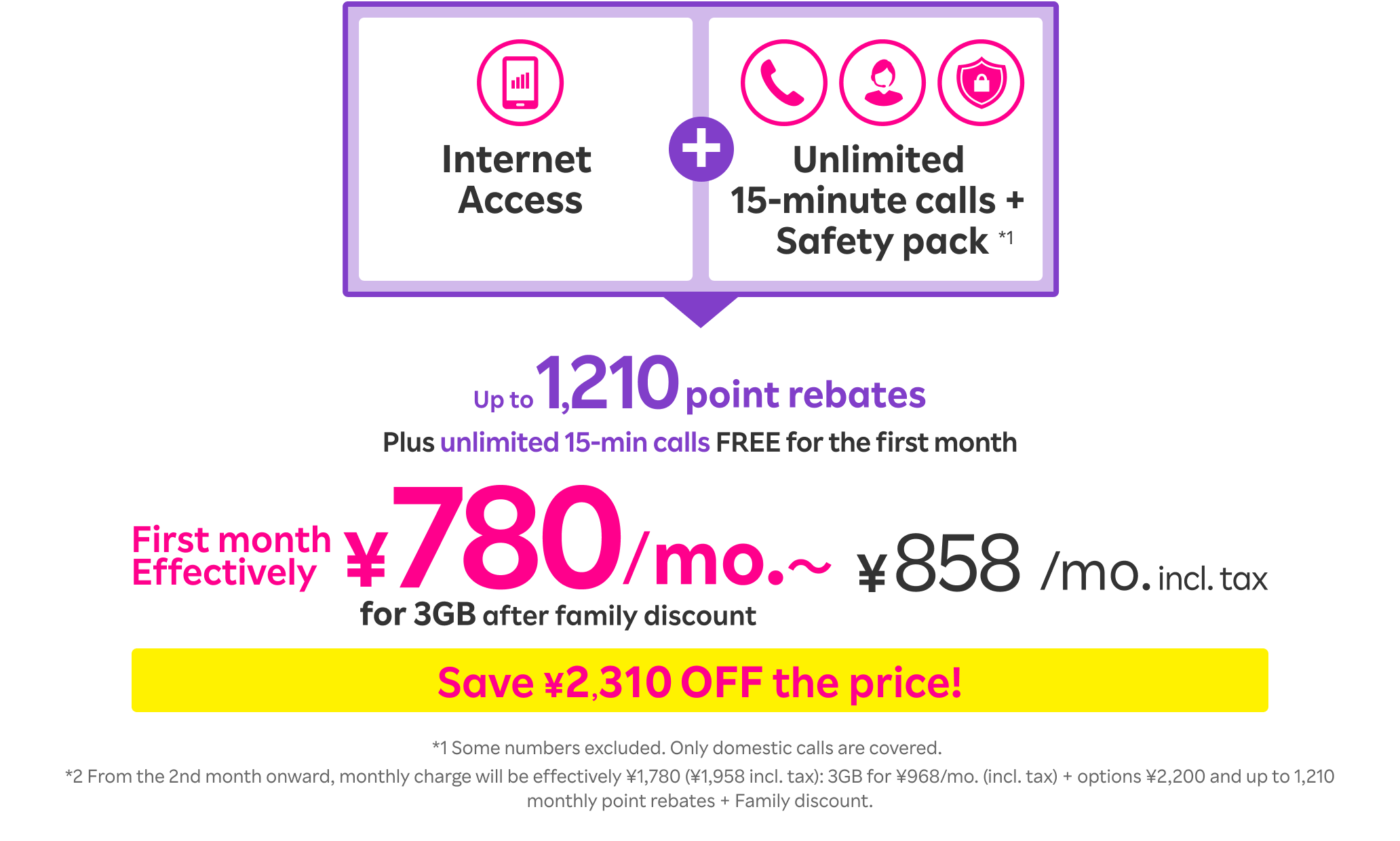 Internet Access + Unlimited 15-minute calls + Safety pack*1: Up to 1,210 point rebates Plus unlimited 15-min calls FREE for the first month First month Effectively ¥780/mo.〜 (¥858/mo. incl. tax).   *1 Some numbers excluded. Only domestic calls are covered. *From the 2nd month onward, monthly charge will be effectively ¥1,780 (¥1,958 incl. tax): 3GB for ¥968/mo. (incl. tax) + options ¥2,200 and up to 1,210 monthly point rebates + Family discount.