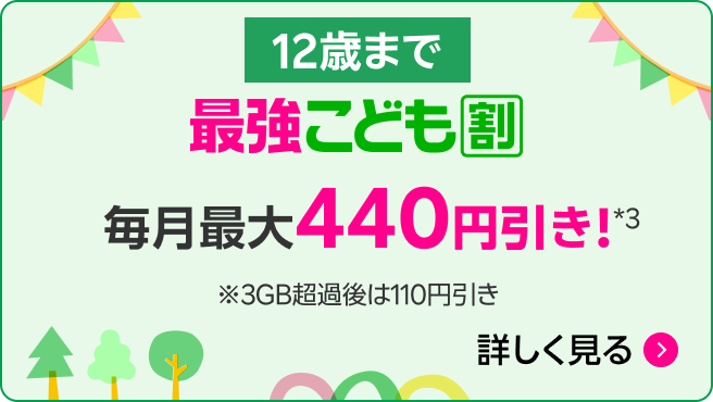 12歳まで 最強こども割 毎月最大440円引き!*3 ※ 3GB超過後は110円引き 詳しく見る