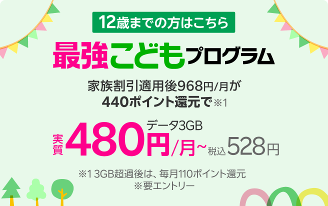 12歳まで 毎月最大440ポイント還元 ※ 3GB超過時の還元額は110ポイント 最強こどもプログラム新登場 ※要エントリー