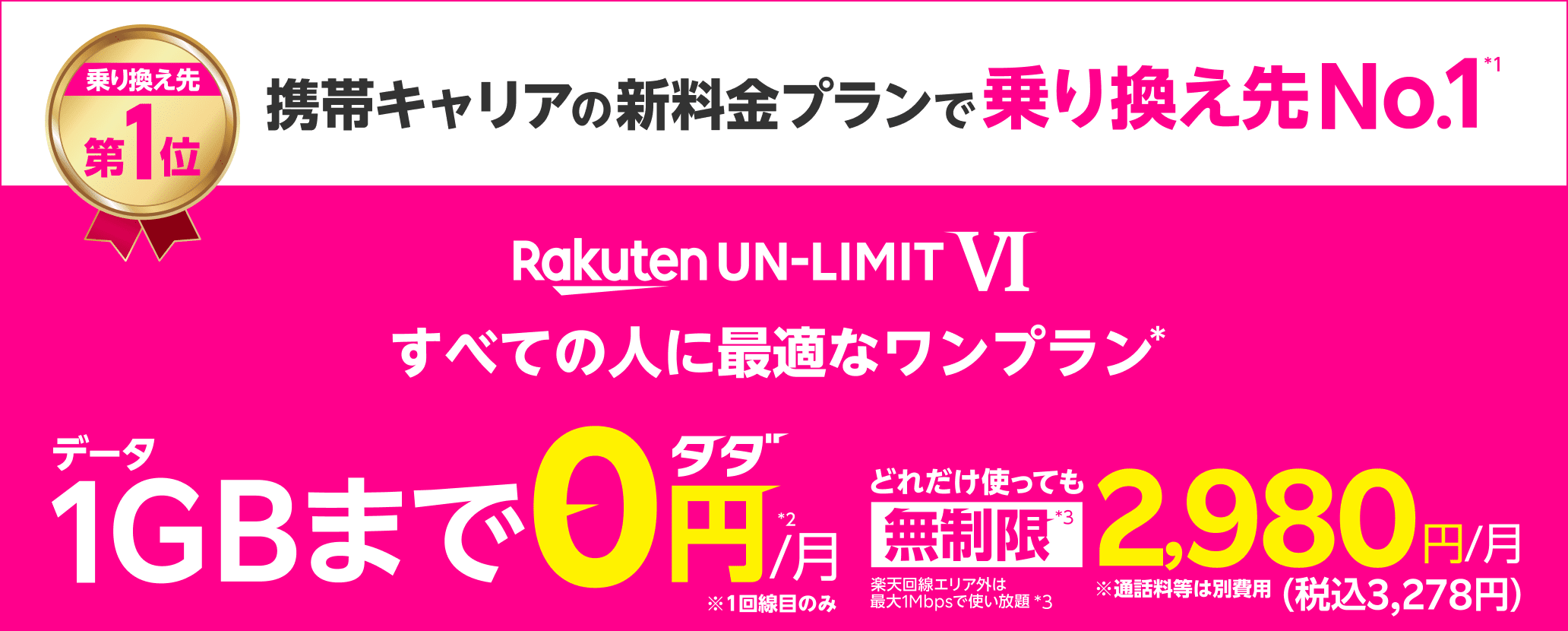 Rakuten UN-LIMIT VI すべての人に最適なワンプラン データ1GBまで0円/月*1 *1回線目のみ どれだけ使っても無制限*2 楽天回線エリア外は最大1Mbpsで使い放題*2 2,980円/月（税込3,278円）※通話料等は別費用 Rakuten Linkアプリ利用で 国内通話かけ放題*3