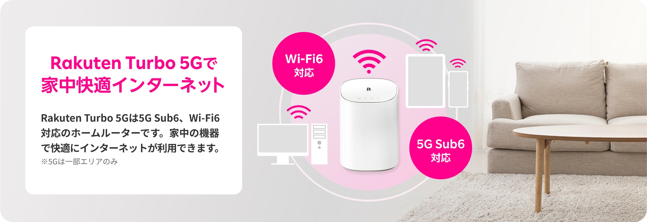 Rakuten Turbo 5Gは5G Sub6、Wi-Fi6対応のホームルーターです。家中の機器で快適にインターネットが利用できます。※5Gは一部エリアのみ