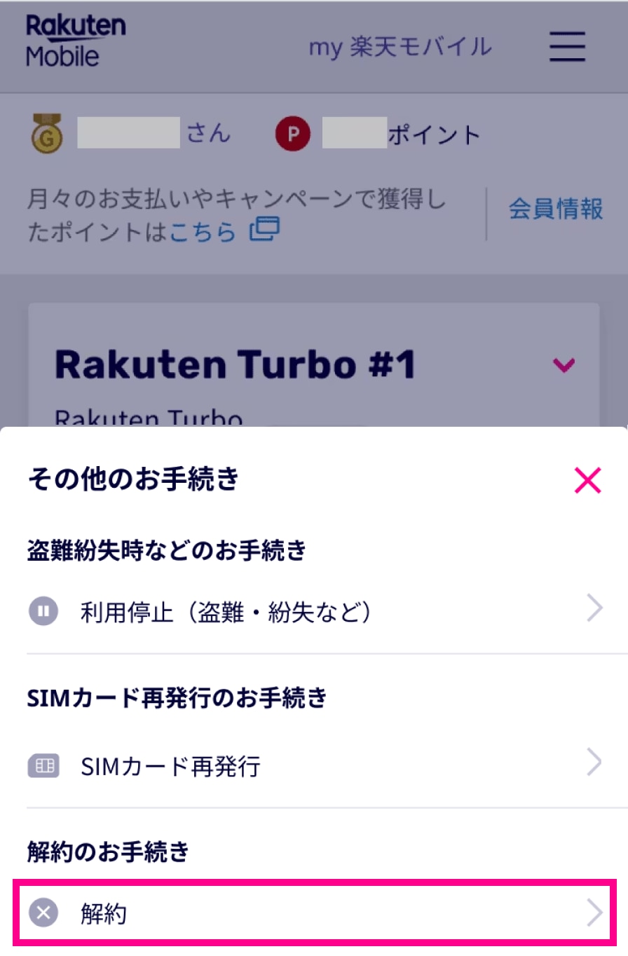3. 「その他のお手続き」をタップし、「Rakuten Turboの解約」をタップする