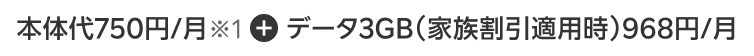 本体代750円/月※1+データ3GB(家族割引適用時)968円/月