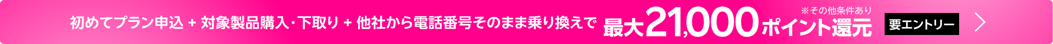 【要エントリー】初めてプラン申込 + 対象製品購入・下取り + 他社から電話番号そのまま乗り換え 最大21,000ポイント還元