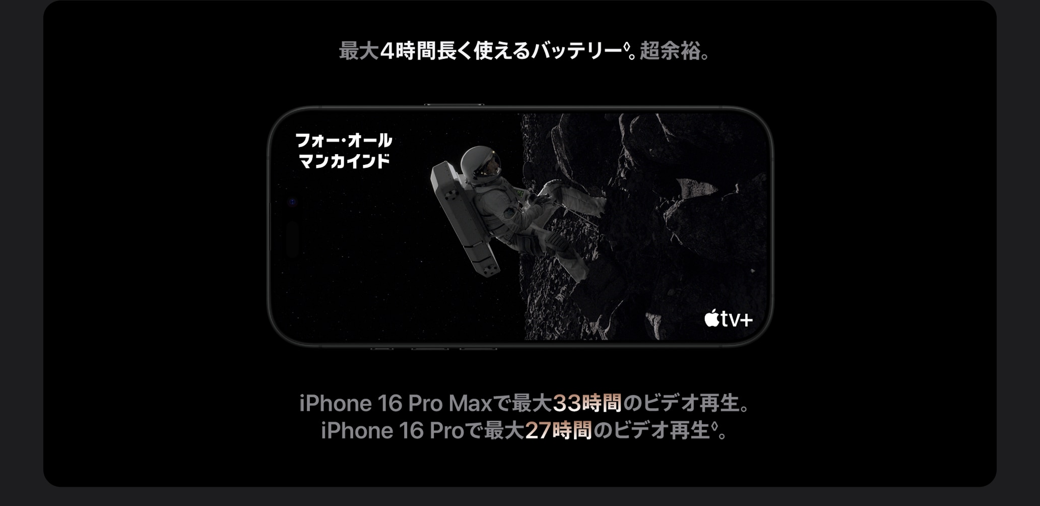 最大4時間長く使えるバッテリー。超余裕。 iPhone 16 Pro Maxで最大33時間のビデオ再生。iPhone 16 Proで最大27時間のビデオ再生。