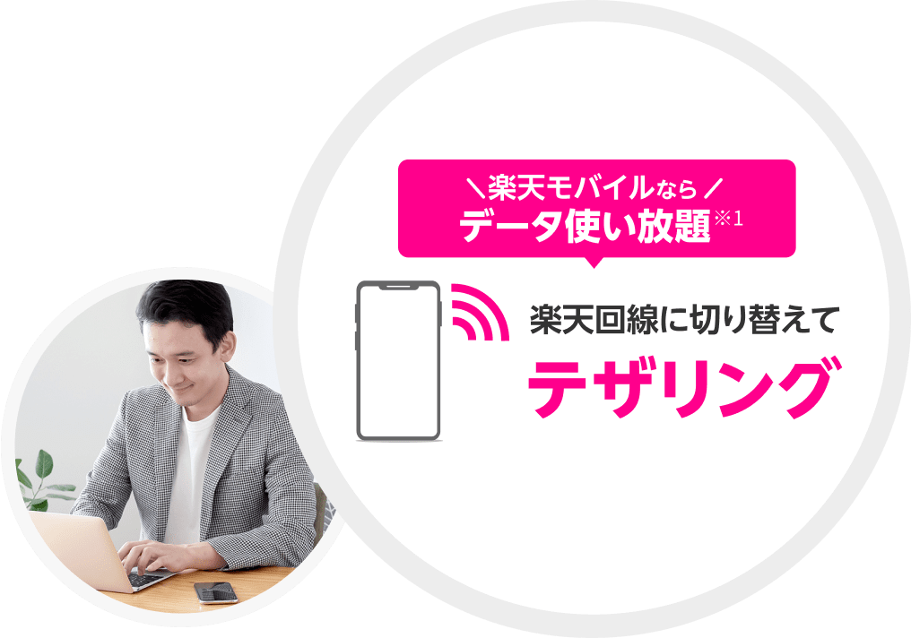 楽天モバイルならデータ使い放題※1 楽天回線に切り替えてテザリング