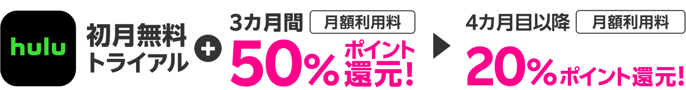 hulu 初月無料トライアル + 3カ月間月額利用料50％ポイント還元！4カ月目以降月額利用料20％ポイント還元！