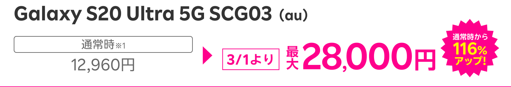 Galaxy S20 Ultra 5G SCG03（au） 3/1より最大28,000円 通常時から116%アップ!