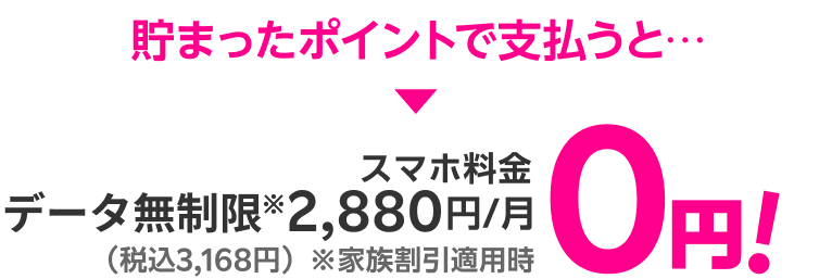 貯まったポイントで支払うと… スマホ料金データ無制限2,880円/月（税込3,168円）※家族割引適用時