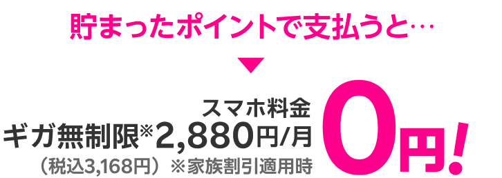 貯まったポイントで支払うと… スマホ料金ギガ無制限2,880円/月（税込3,168円）※家族割引適用時