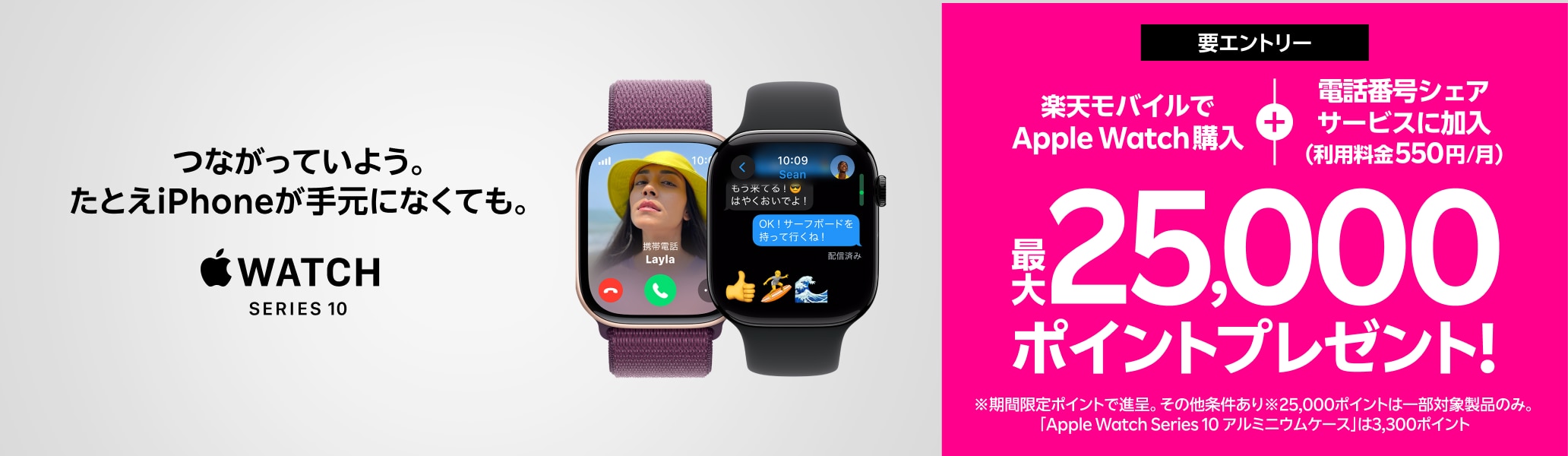 【要エントリー】Web限定!Apple Watch購入+「電話番号シェアサービス」加入(550円/月)で最大25,000ポイントプレゼント!